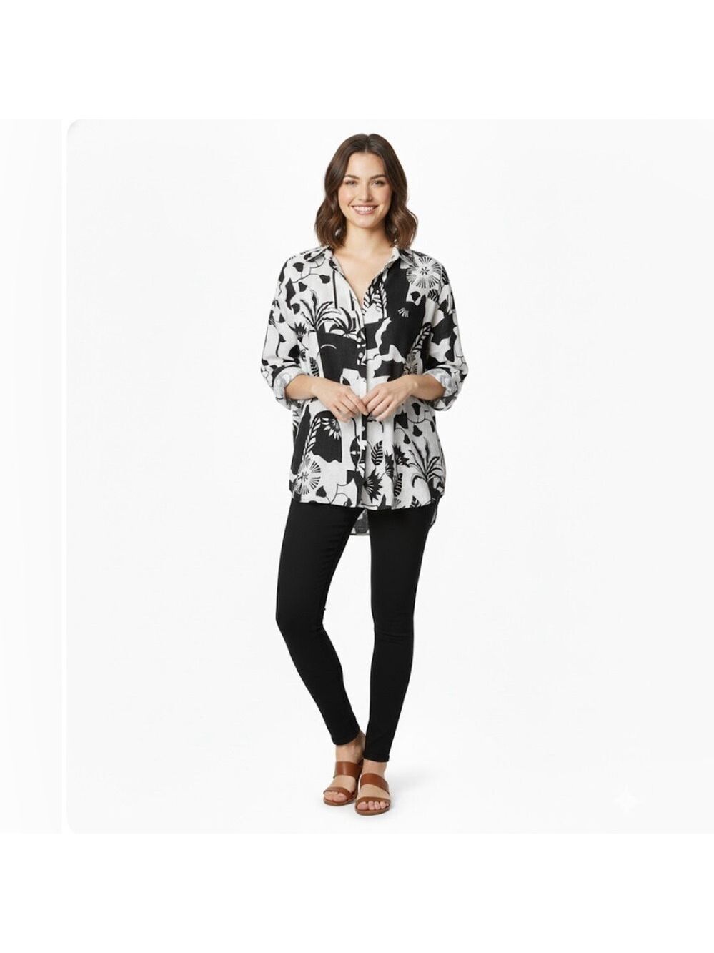 NICOLE MILLER 100% Linen Black & White Floral Print Roll Tab Sleeve Shirt Sz 3X